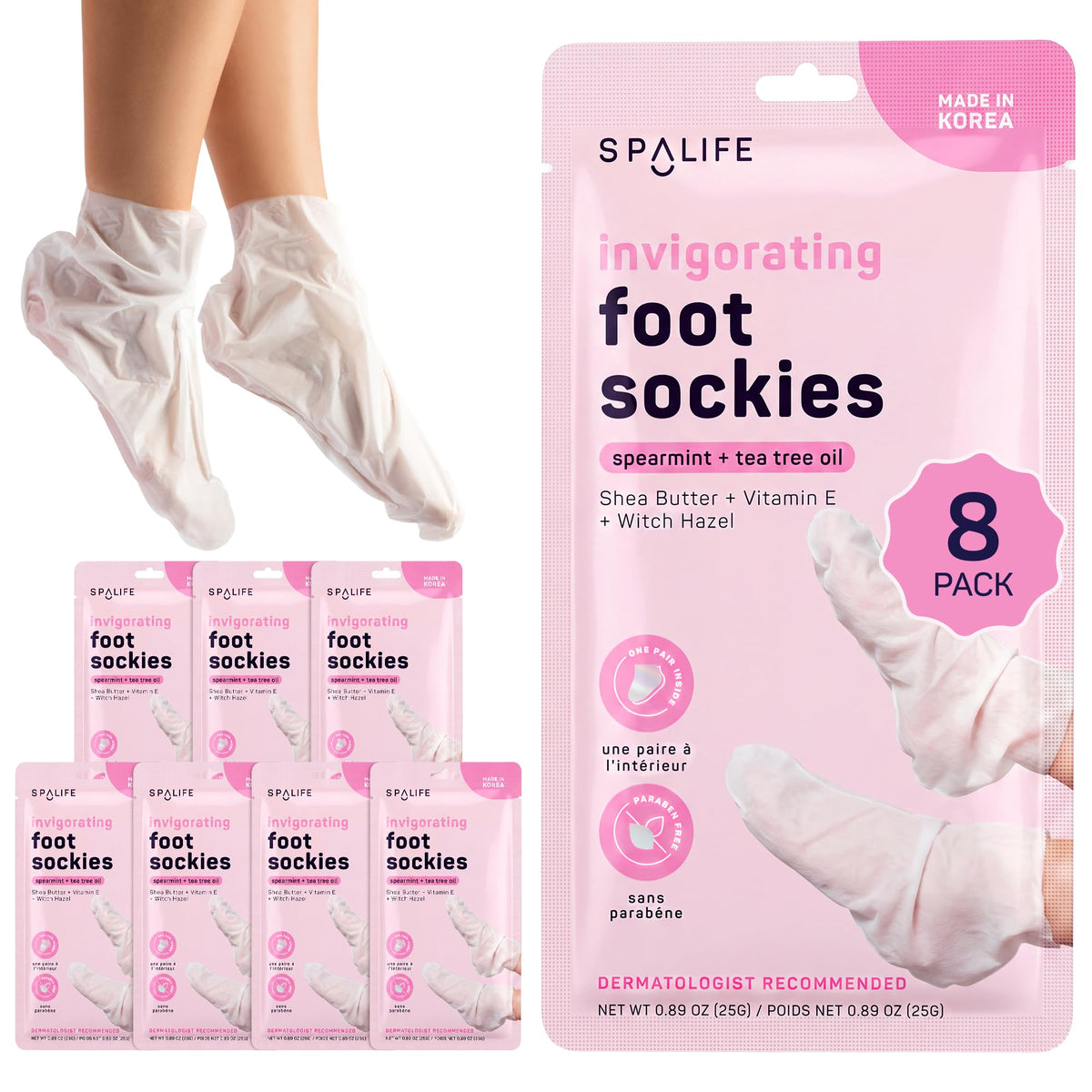 Chaussettes hydratantes SpaLife pour pieds, devant avec crème hydratante visible