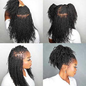 Cheveux afro kinky en cours de coiffage en tresses