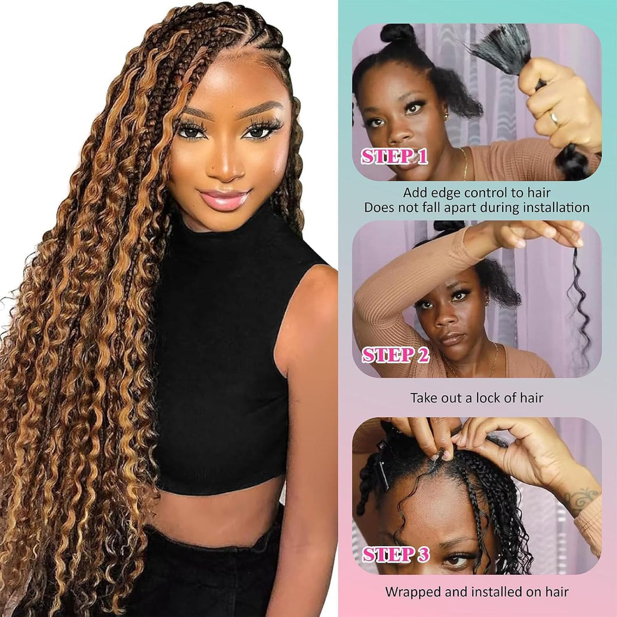 Cheveux bouclés OKVOKV en couleur 1B, présentation