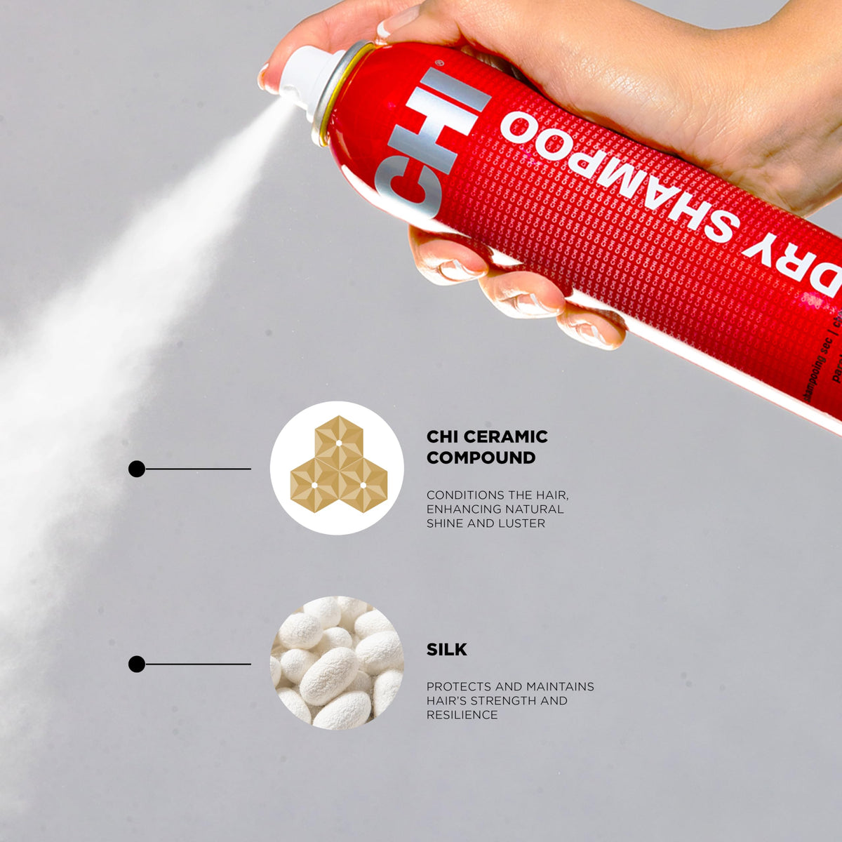 CHI Shampoo Sec 113g avec arrière-plan flou de cheveux