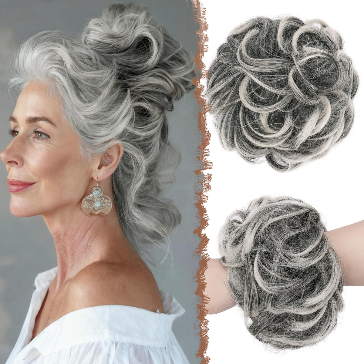 Chignon FESHFEN large en synthétique avec pointes noires et grises, vue de face