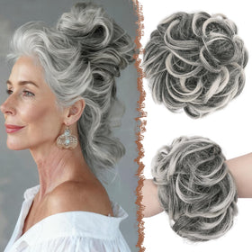 Chignon FESHFEN large en synthétique avec pointes noires et grises, vue de face