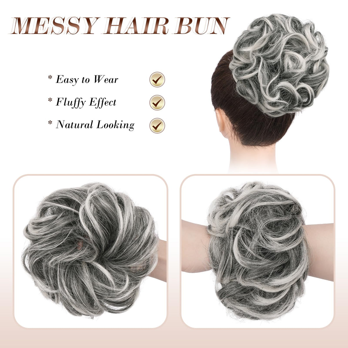 Chignon FESHFEN porté sur une coiffure avec cheveux bruns