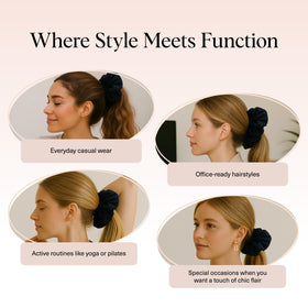 Chouchou satin noir Kitsch porté dans une coiffure de chignon