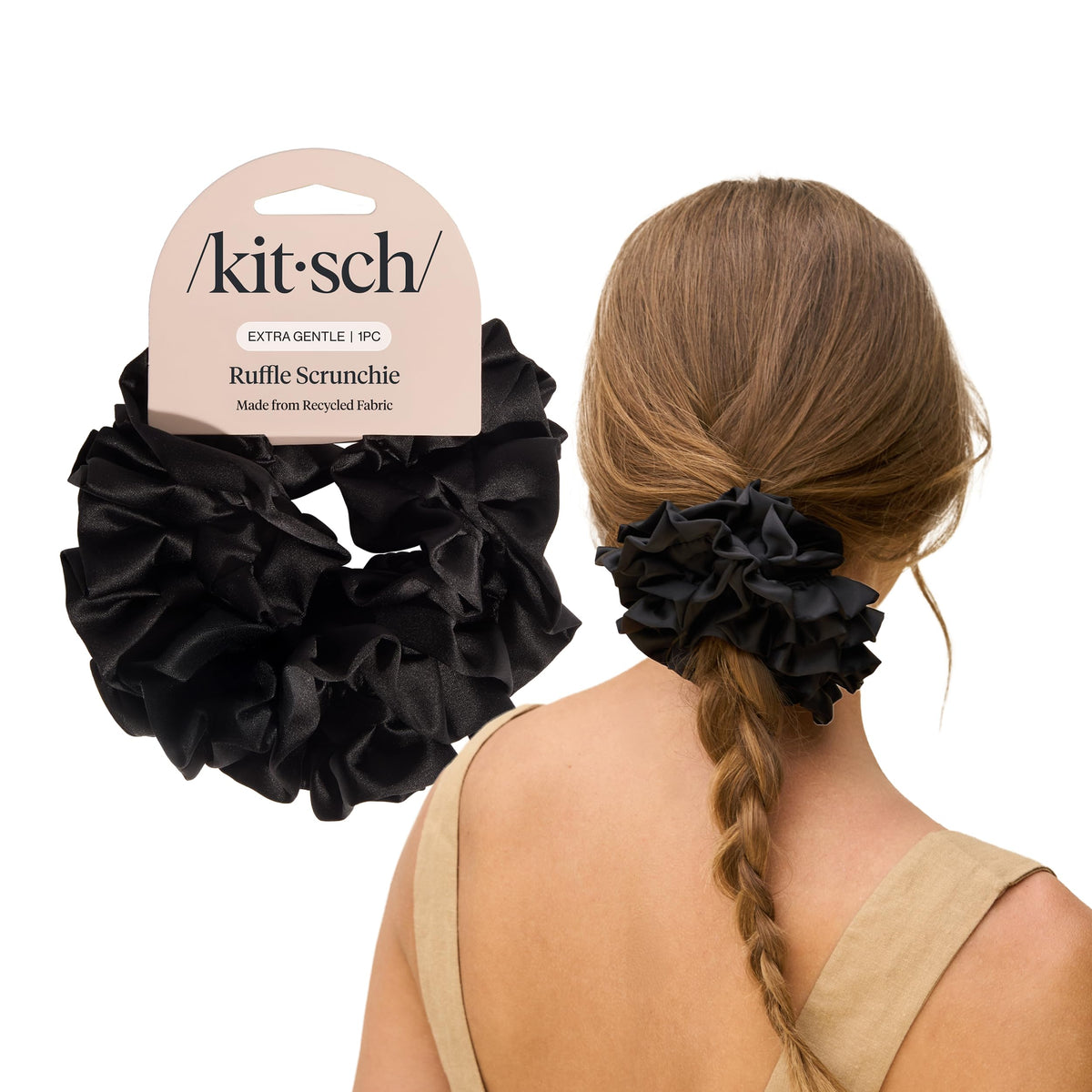 Chouchou satin noir Kitsch vue de face avec design froncé