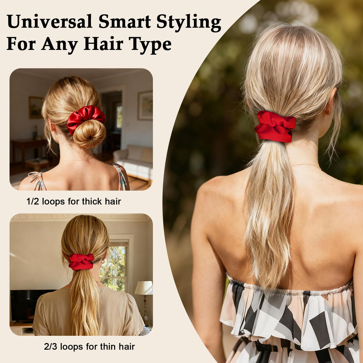 Chouchous satin rouge SEVEN STYLE en usage sur cheveux longs