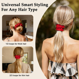 Chouchous satin rouge SEVEN STYLE en usage sur cheveux longs