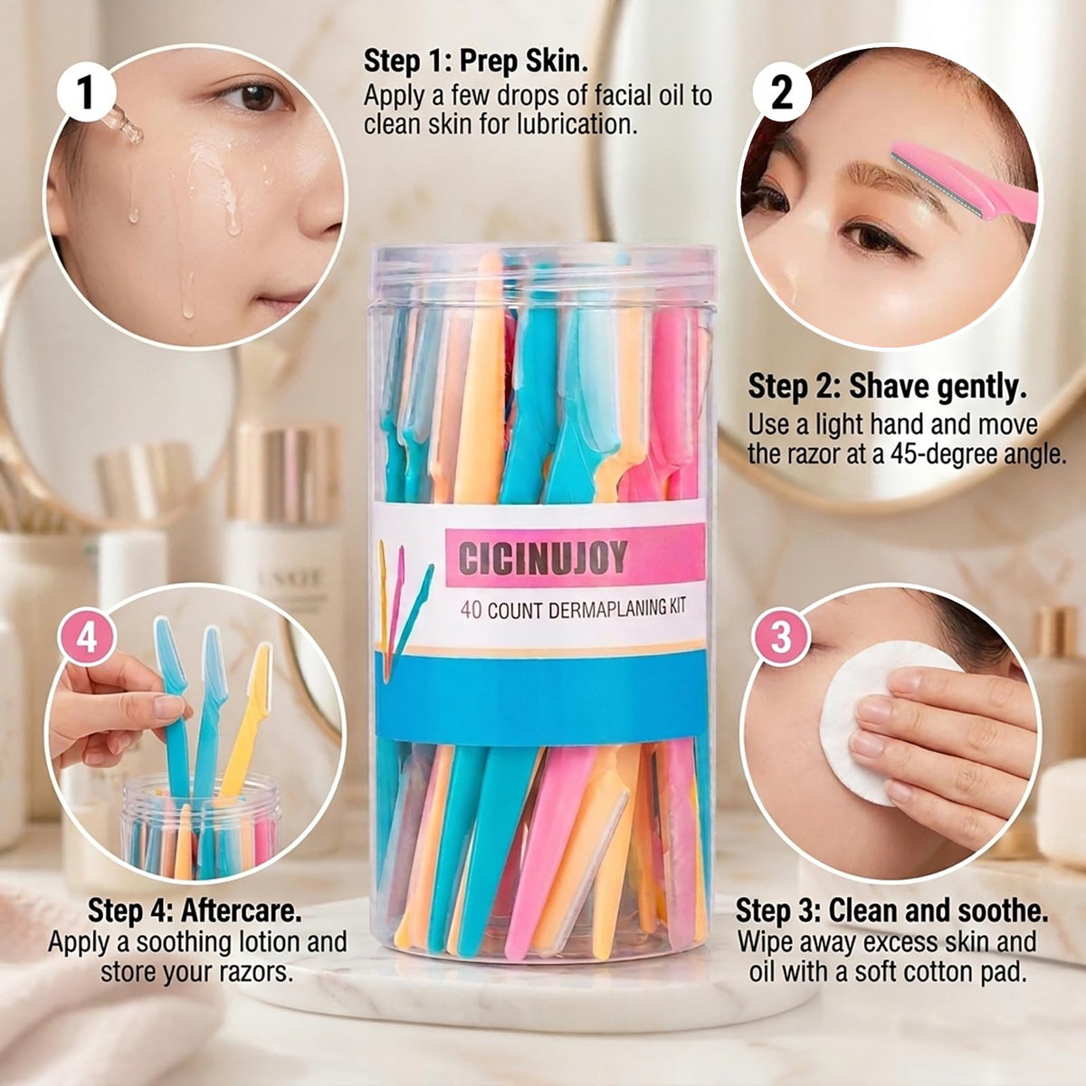 CICINUJOY Rasoir Dermaplaning Femme 40pcs, lames en acier inoxydable