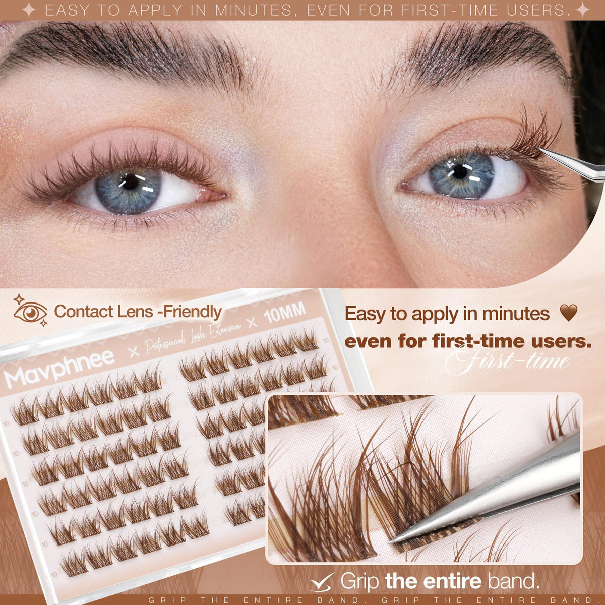 Cils à franges marron Mavphnee montrant leur texture douce