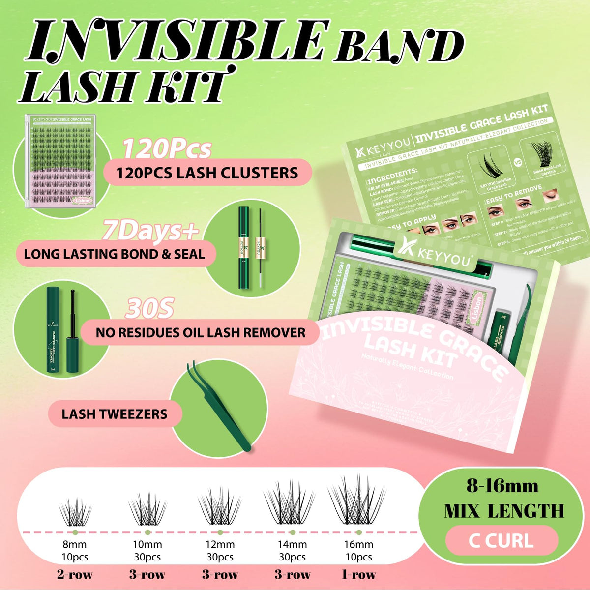 Cils clusters KEYYOU avec design invisible en gros plan