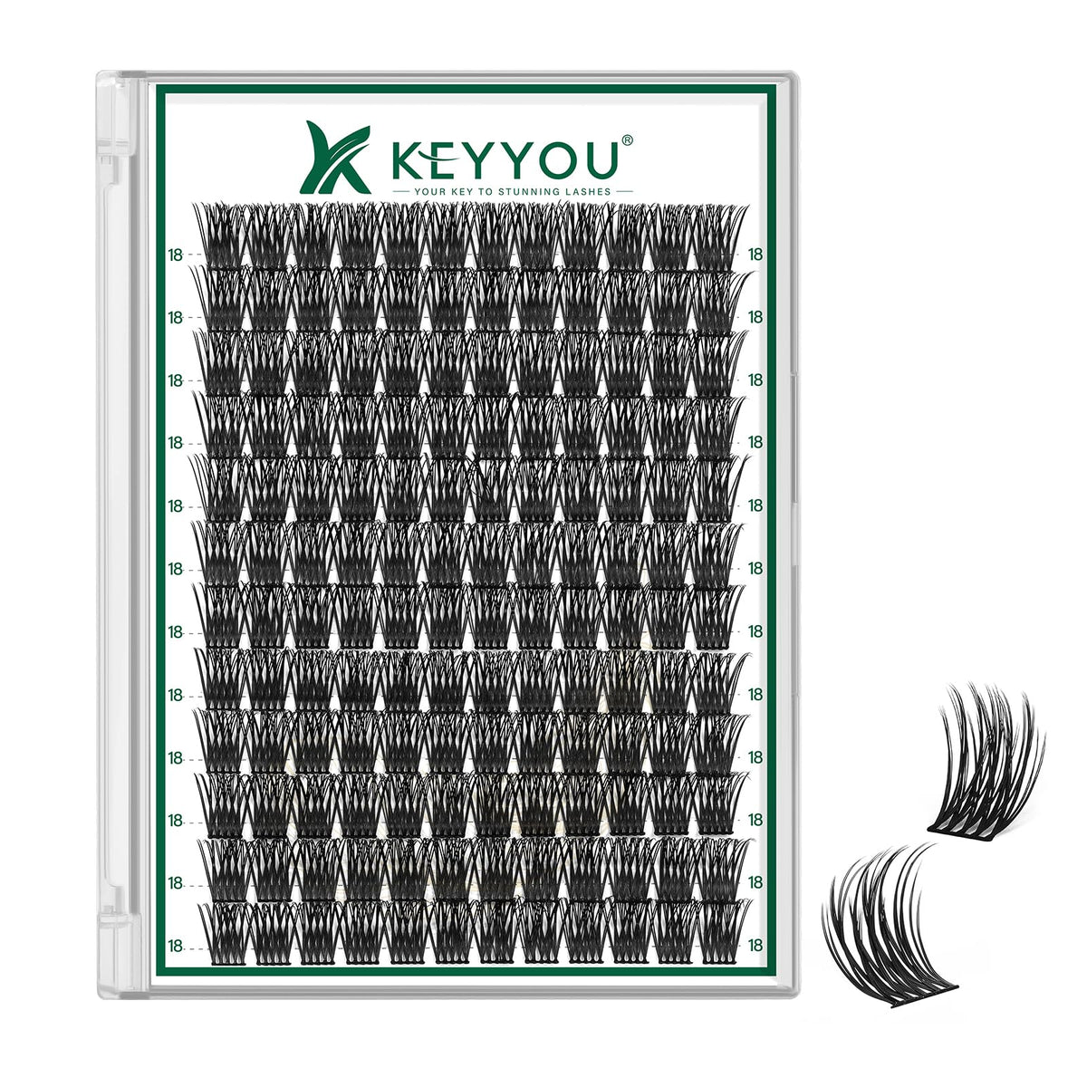 Cils en grappes KEYYOU 144pcs D Curl 18mm vue de face