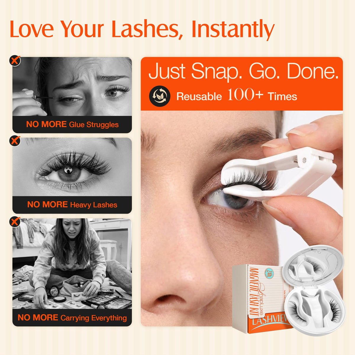 Cils magnétiques LASHVIEW posés sur un maquillage complet