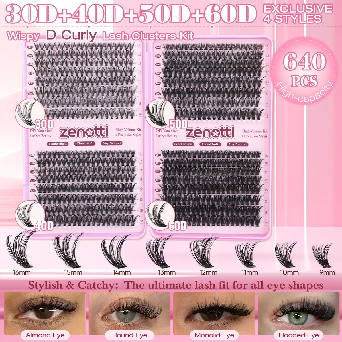 Cils zenotti 640PCS montrant différents styles 30D à 60D