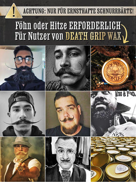 Cire à moustache Death Grip présentée avec d'autres produits de soins