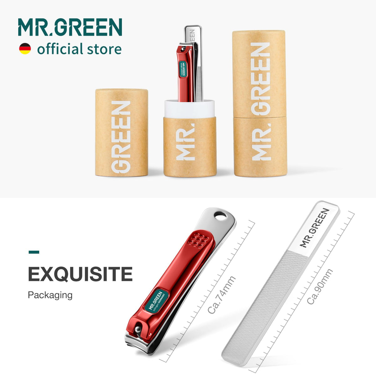 Ciseaux à ongles MR.GREEN avec un fichier à ongles en verre dans l'emballage