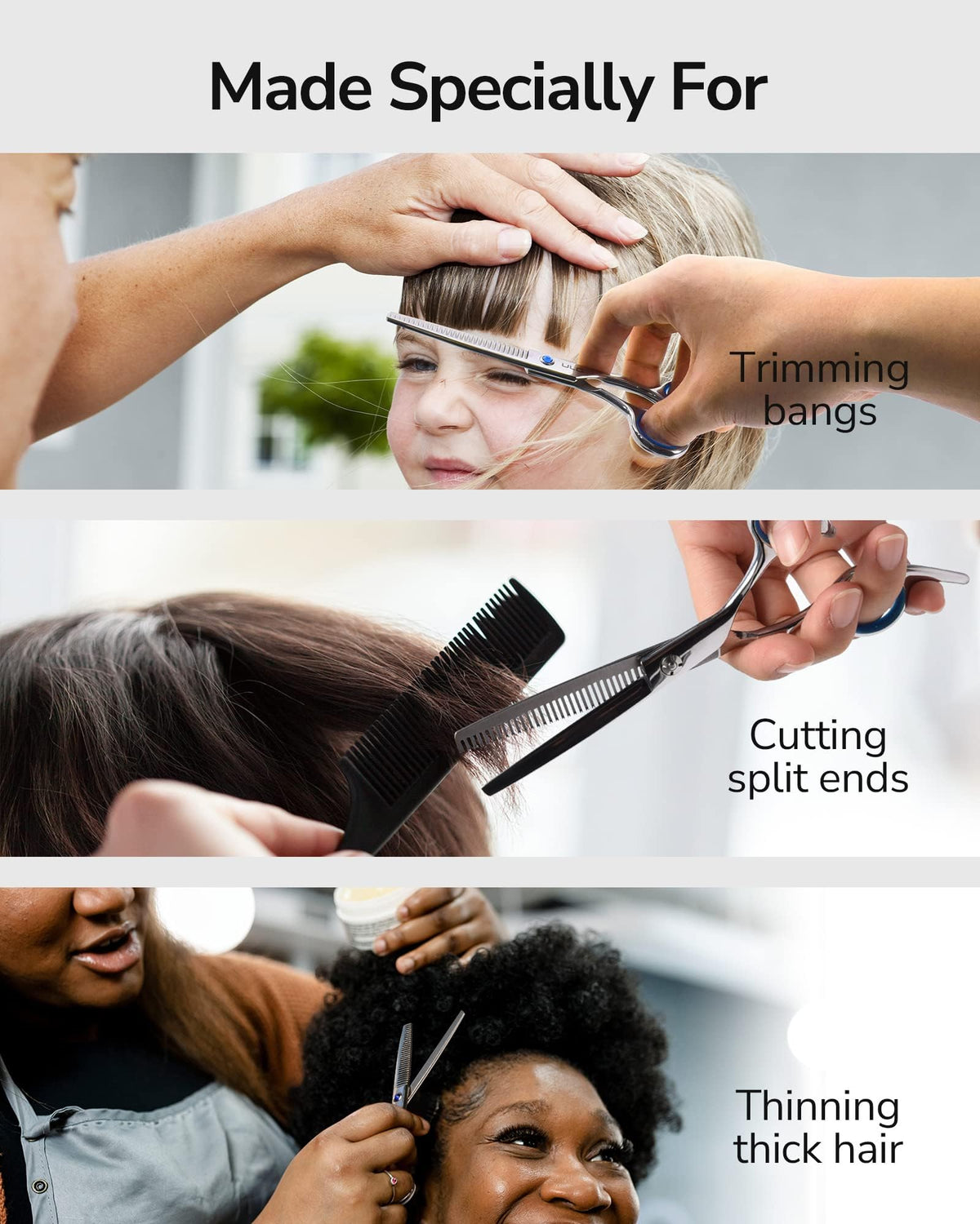 Ciseaux ULG en position de coupe sur cheveux