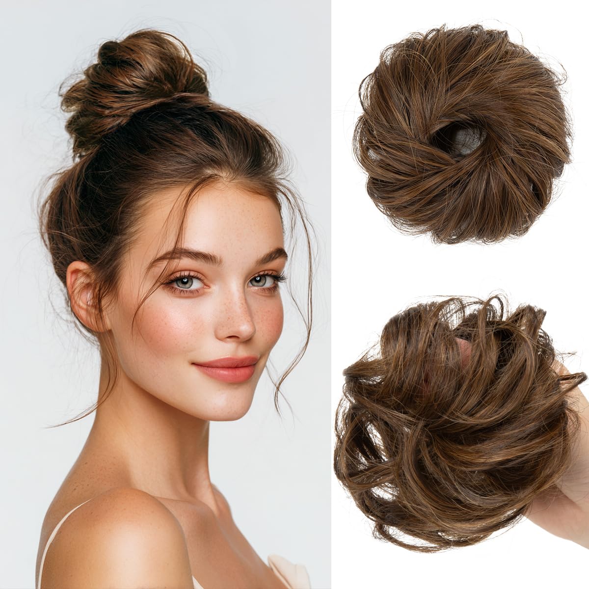 CJL HAIR chignon désordonné chocolat vue avant avec boucles