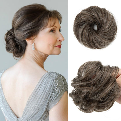 CJL HAIR Chouchou Bun Bouclé Marron Poivre vue de face