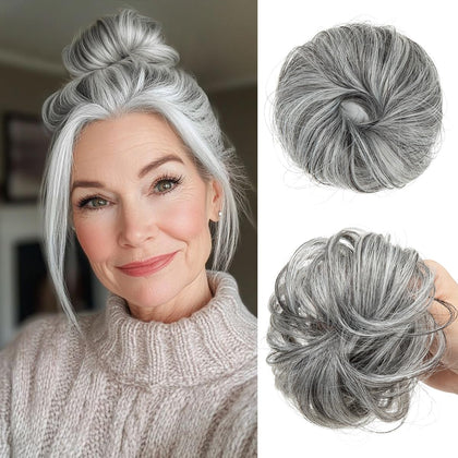 CJL HAIR Petit chignon bouclé gris foncé, vue de face