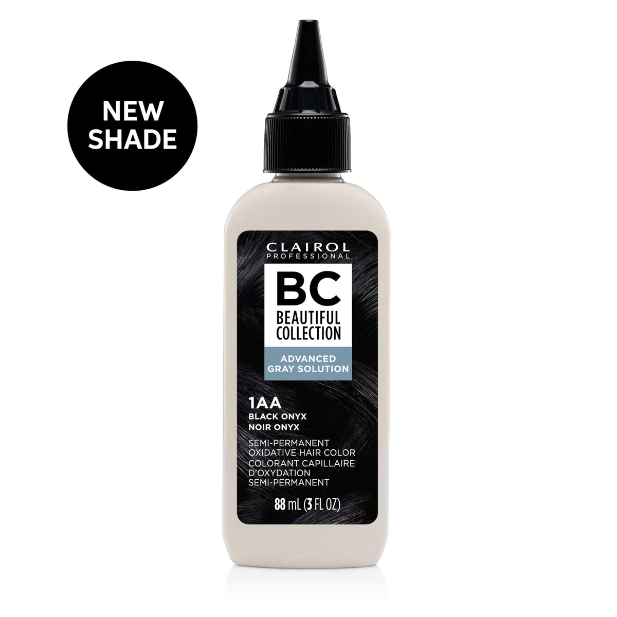 Clairol Professional Beautiful Collection Advanced Gray Solution 110g à côté d'un échantillon de cheveux