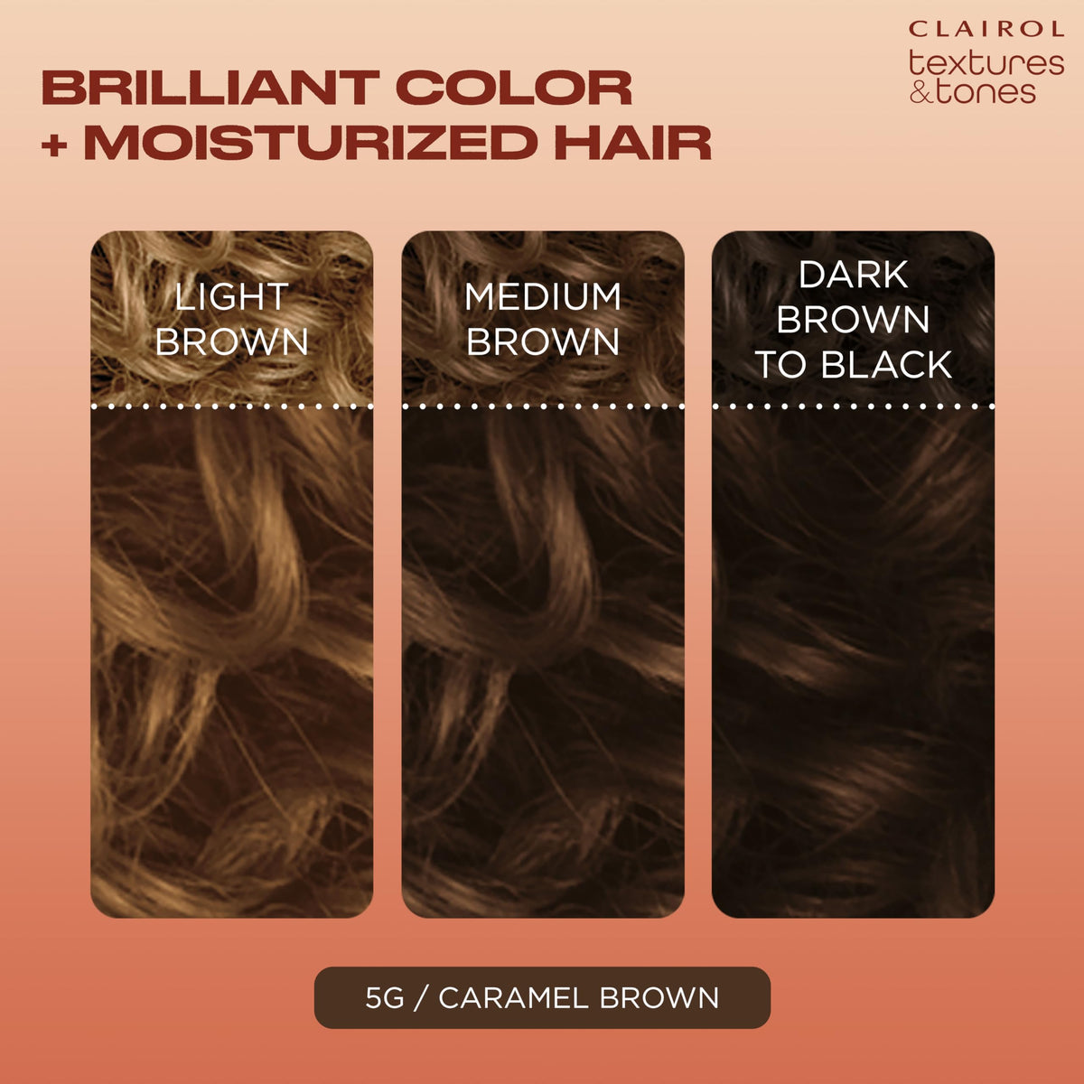 Clairol Teinture Cheveux 5G Marron Caramel à côté d'un échantillon de cheveux texturés