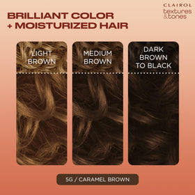 Clairol Teinture Cheveux 5G Marron Caramel à côté d'un échantillon de cheveux texturés