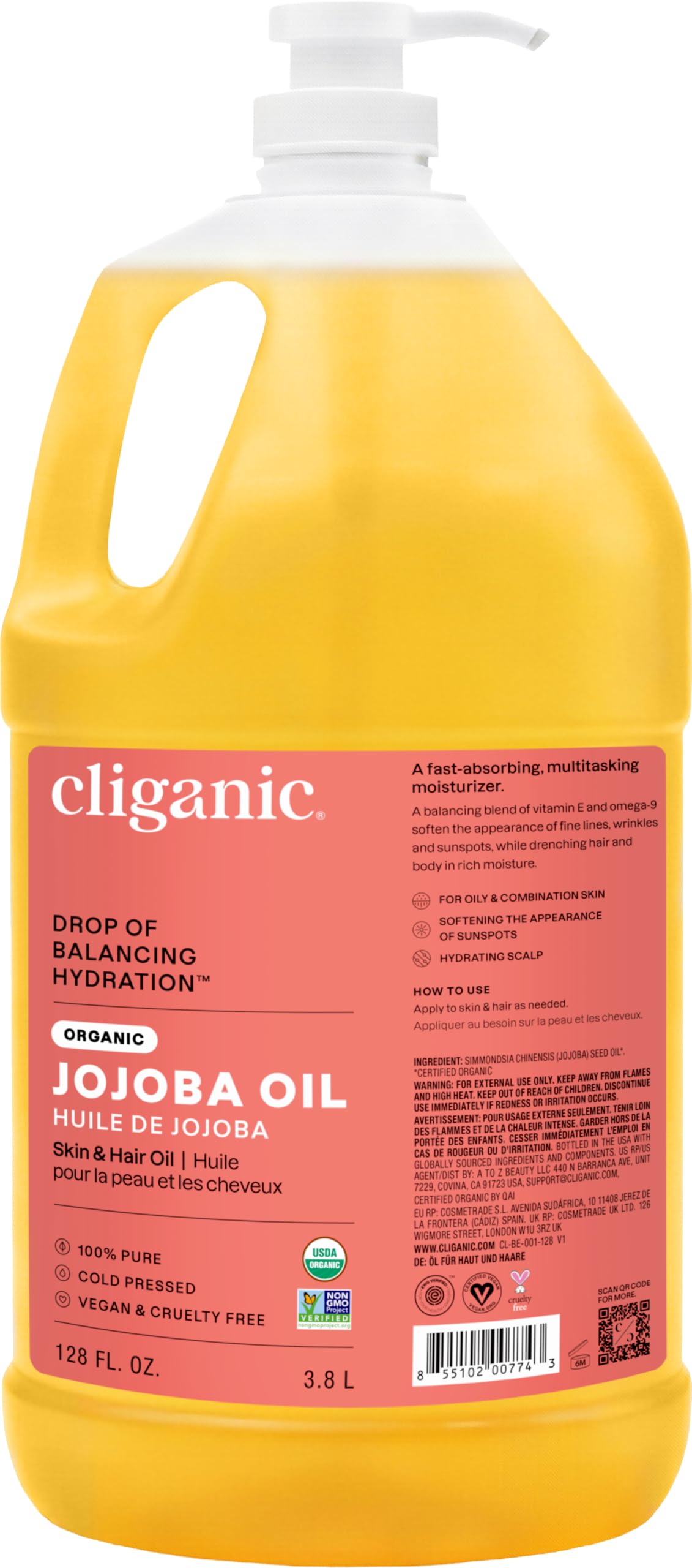 Cliganic Huile de Jojoba Bio 128oz avec pompe vue avant