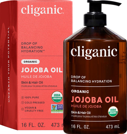 Cliganic Huile de Jojoba Bio 16oz vue avant avec pompe