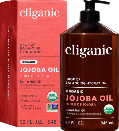 Cliganic Huile de Jojoba Bio 32 oz avec pompe vue avant