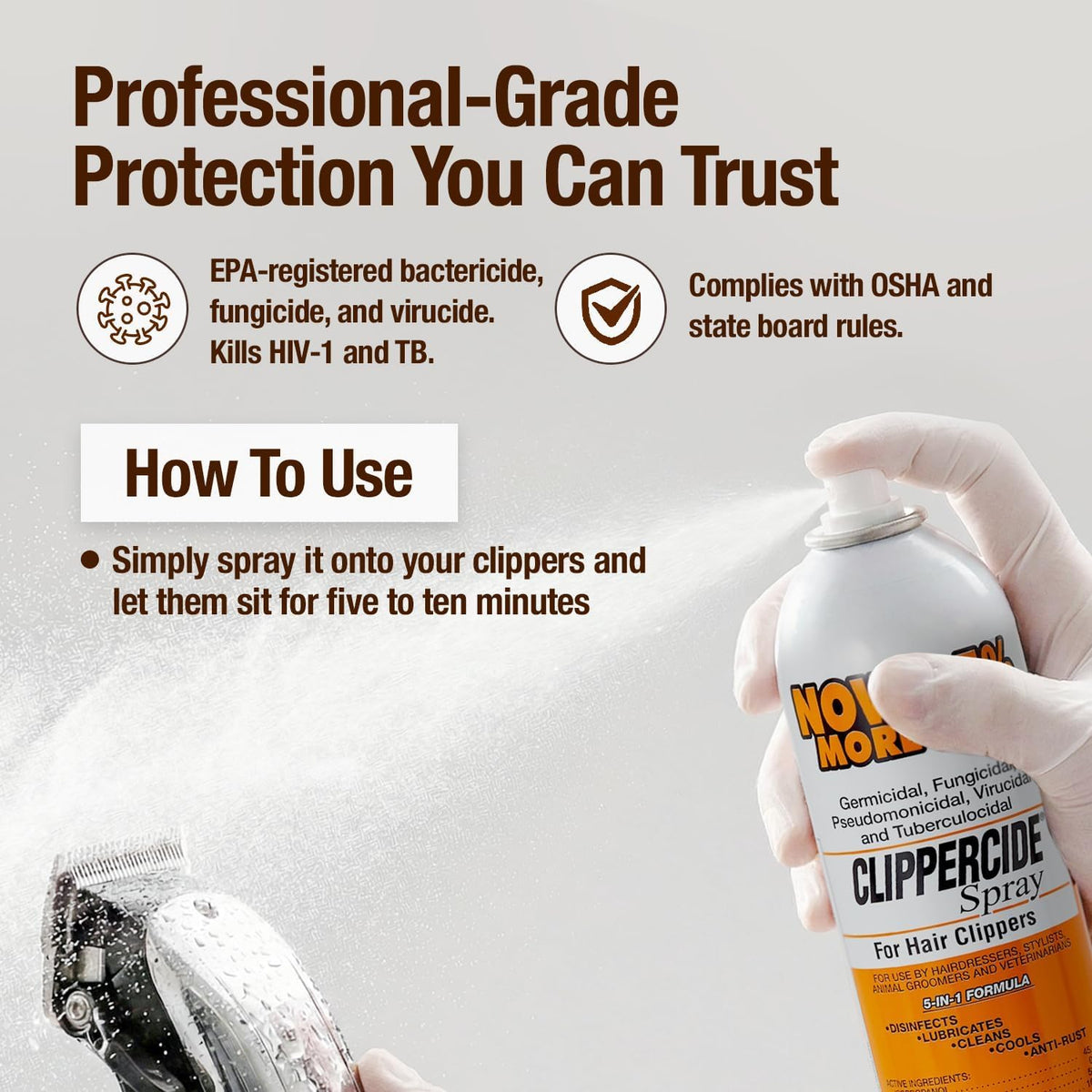 Clippercide Spray désinfectant 354ml en utilisation sur tondeuse