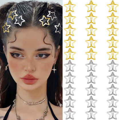 Clips cheveux étoiles Y2K pack de 30 en or et argent