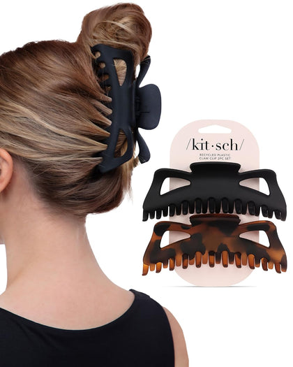 Clips de cheveux Kitsch en plastique recyclé, modèle noir et tortue, vue de face
