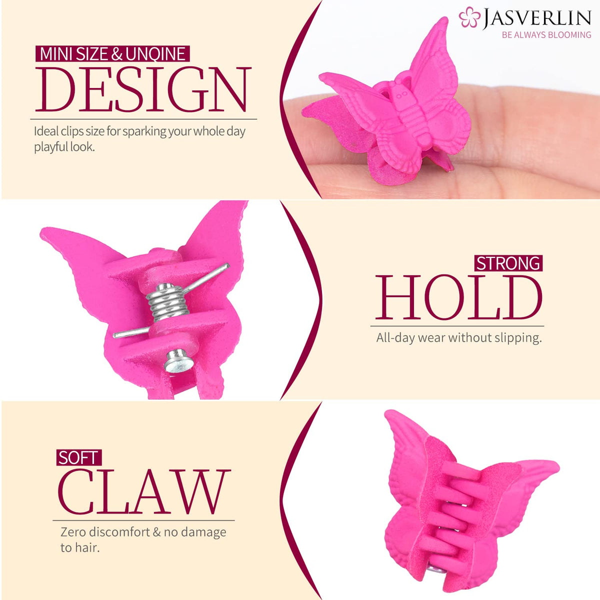 Clips papillon JASVERLIN en usage sur des cheveux
