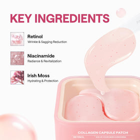 Close-up des patchs Mediheal montrant le collagène et rétinol