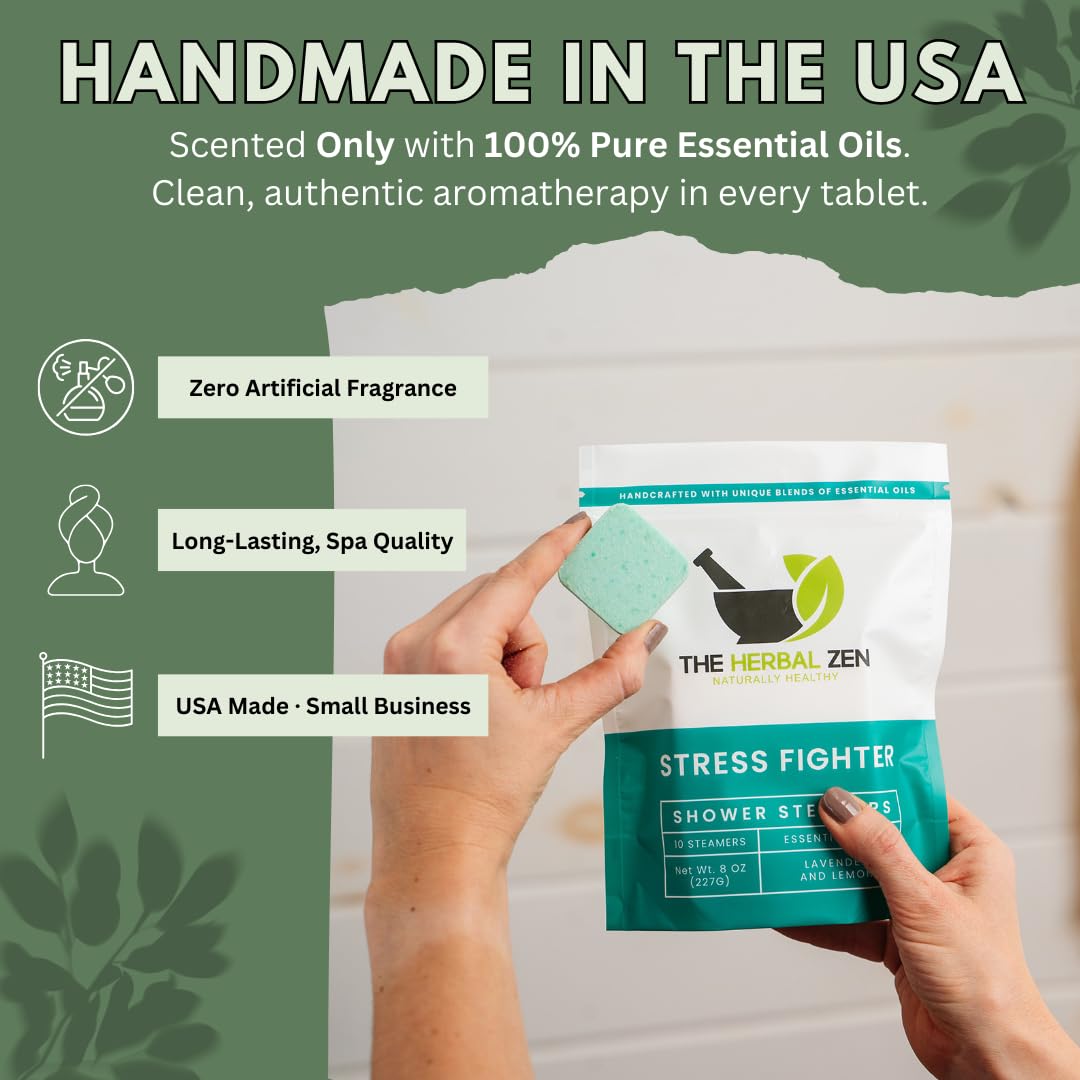 Close-up of The Herbal Zen Shower Steamer tablet with essential oils