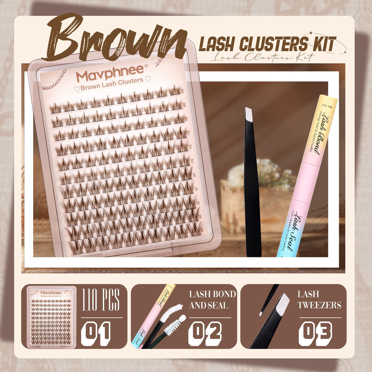 Clusters de cils bruns Mavphnee en gros plan