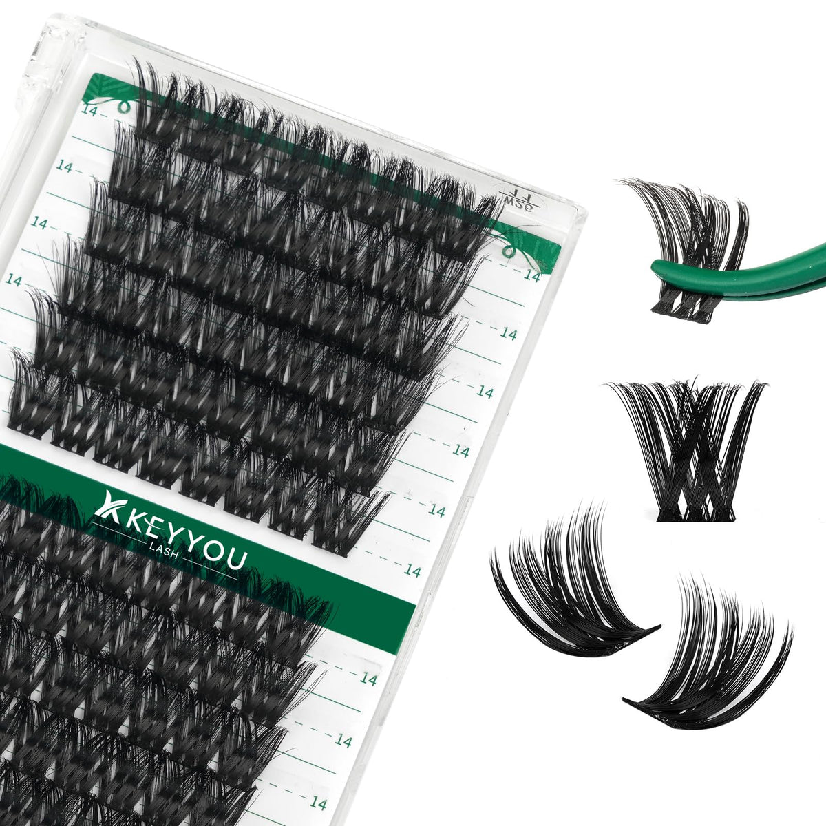 Clusters de cils KEYYOU 96 pcs D Curl 14mm vue de face