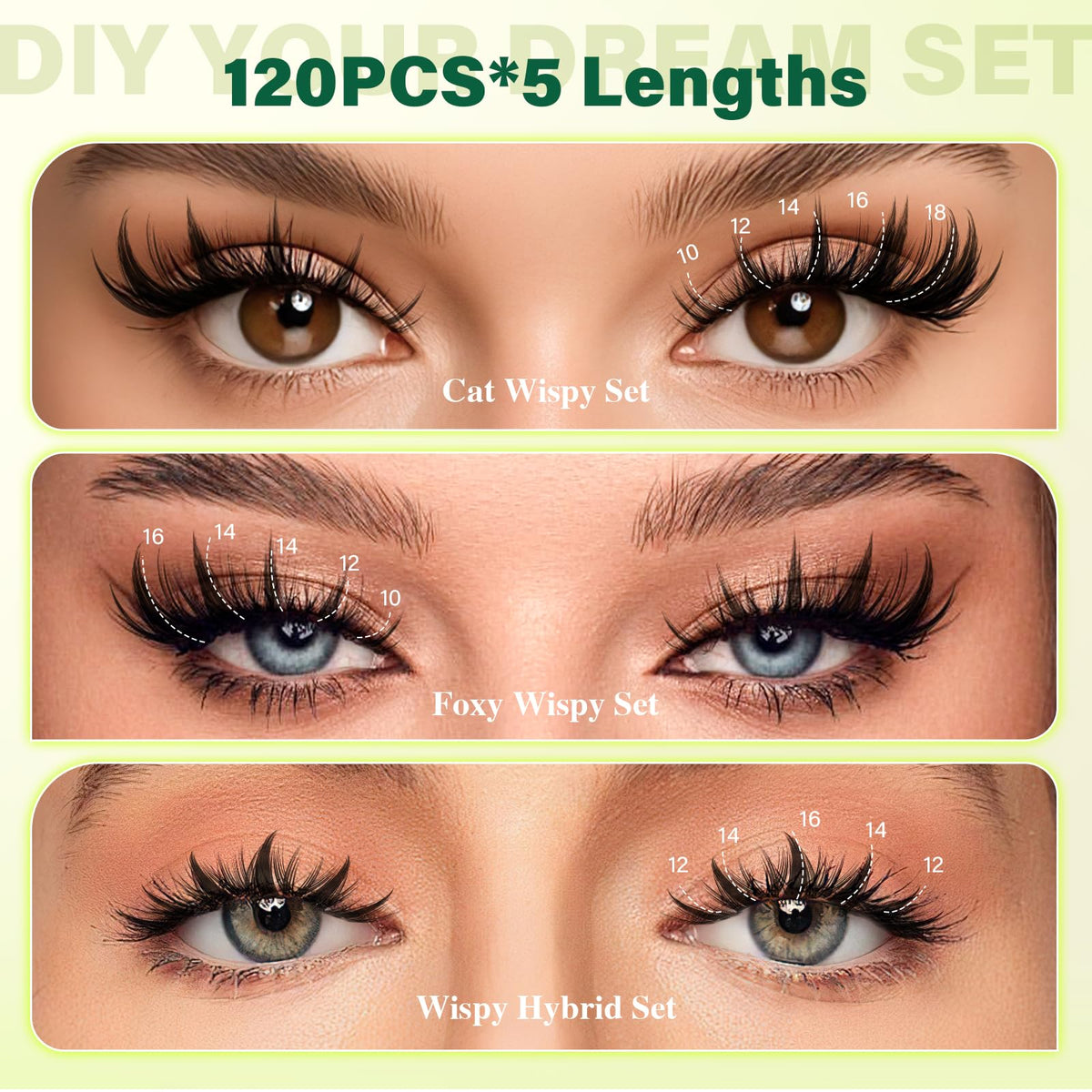 Clusters de cils Manga KEYYOU montrant différentes longueurs