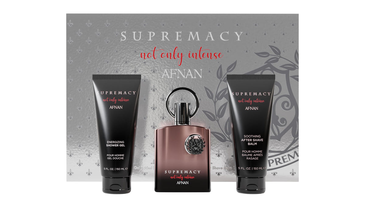 Coffret Afnan Supremacy Not Only Intense avec parfum, gel douche et après-rasage