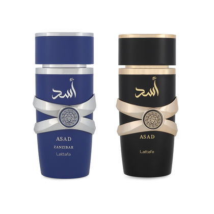 Coffret anniversaire Lattafa Asad avec deux bouteilles de parfum