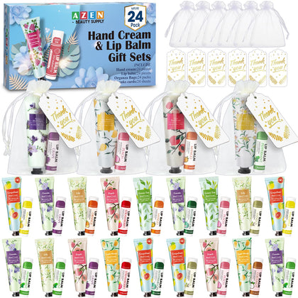 Coffret AZEN avec 24 crèmes pour les mains et baumes à lèvres en sachets organza