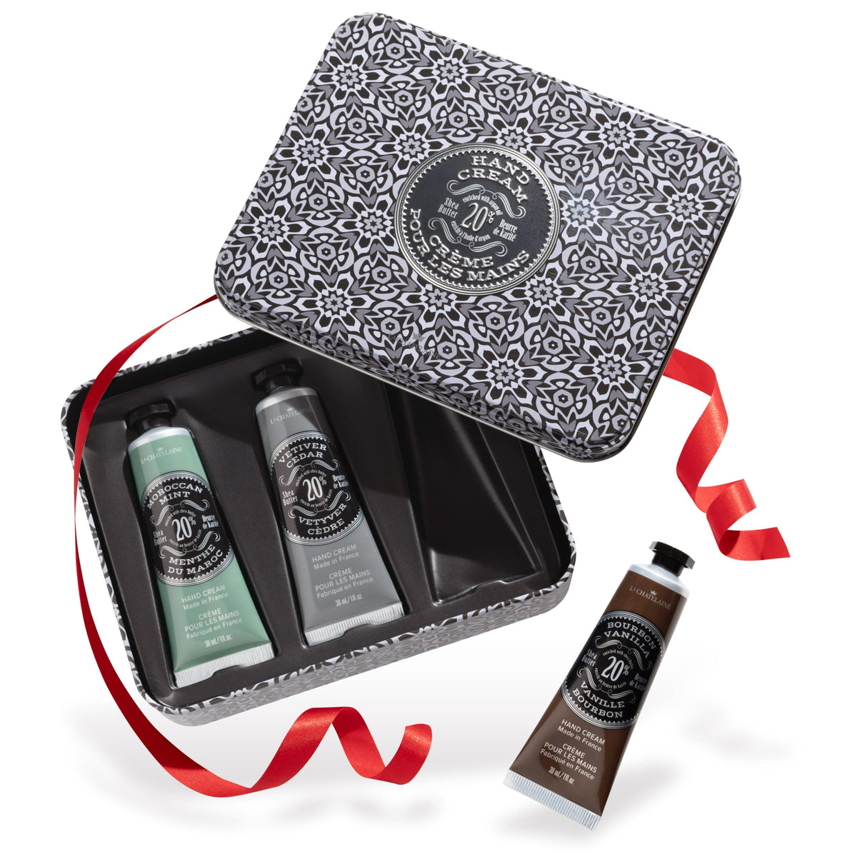 Coffret cadeau de crème mains La Chatelaine avec trois tubes de 30 ml