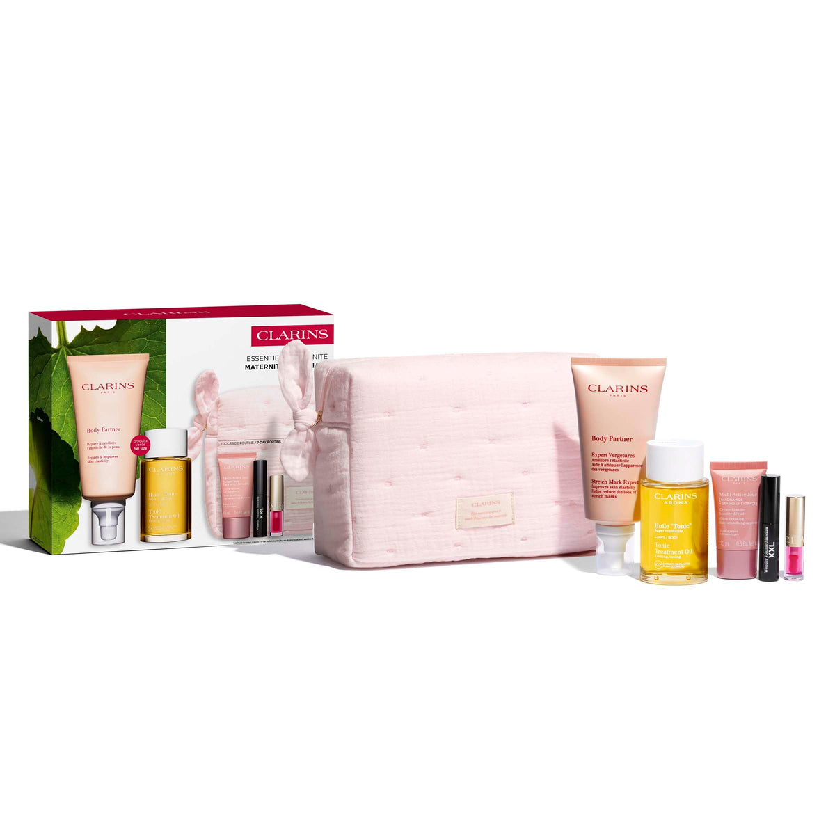 Coffret CLARINS Édition Limitée contenant l'Huile Corps Tonic et accessoires