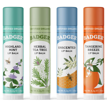 Coffret de 4 baumes à lèvres bio Badger avec packaging vert