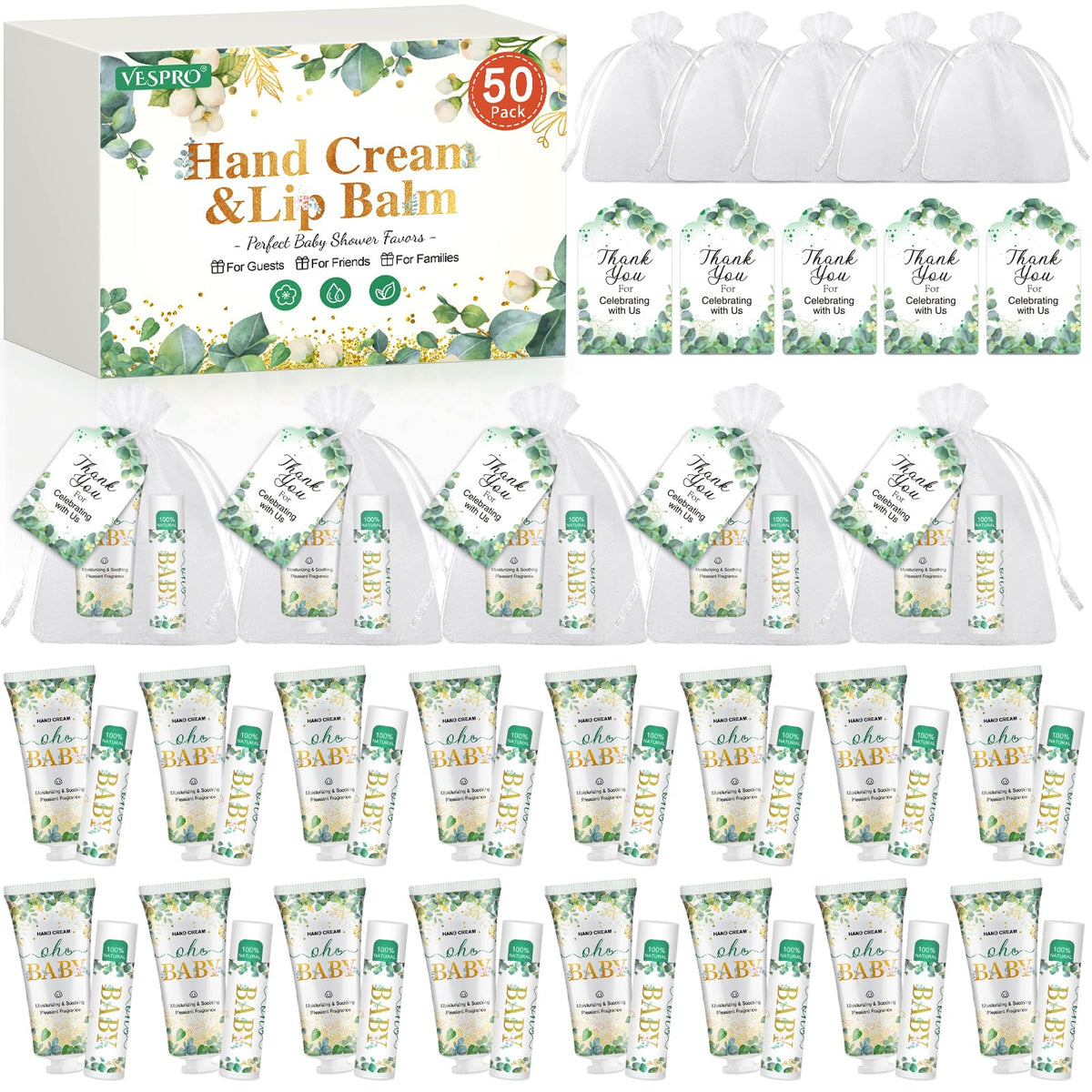Coffret de 50 crèmes pour les mains et baumes à lèvres VESPRO avec cartes et sacs en organza