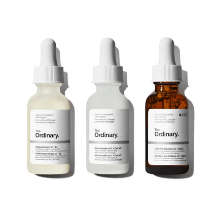 Coffret de sérums The Ordinary avec trois flacons de 30 ml