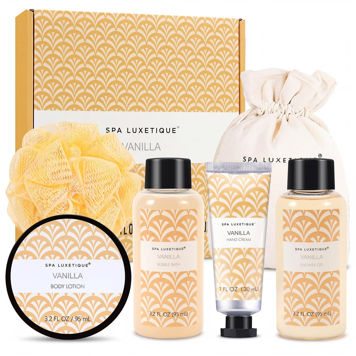 Coffret de Spa Luxetique 6 pièces à la vanille avec produits en présentation
