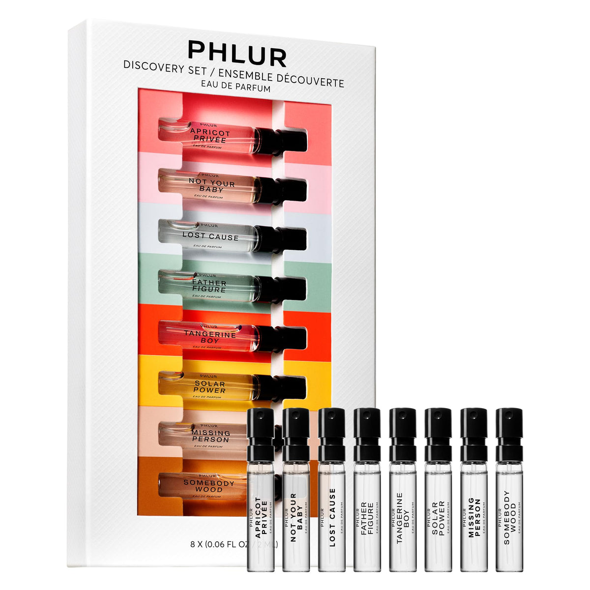 Coffret découverte de parfums PHLUR avec échantillons alignés