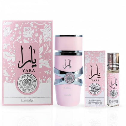 Coffret Lattafa Yara contenant Eau de Parfum 3,4 Oz et huile parfumée 0,34 Oz