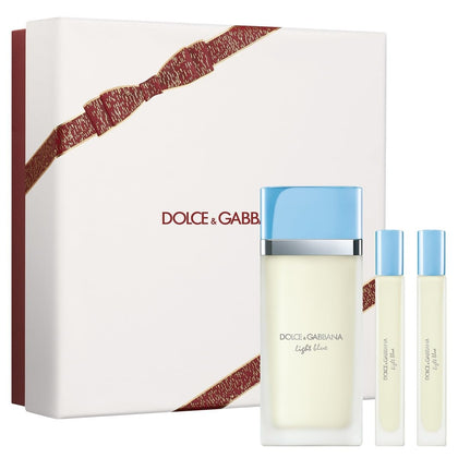 Coffret Light Blue de Dolce&Gabbana avec 3 pièces, incluant deux mini sprays